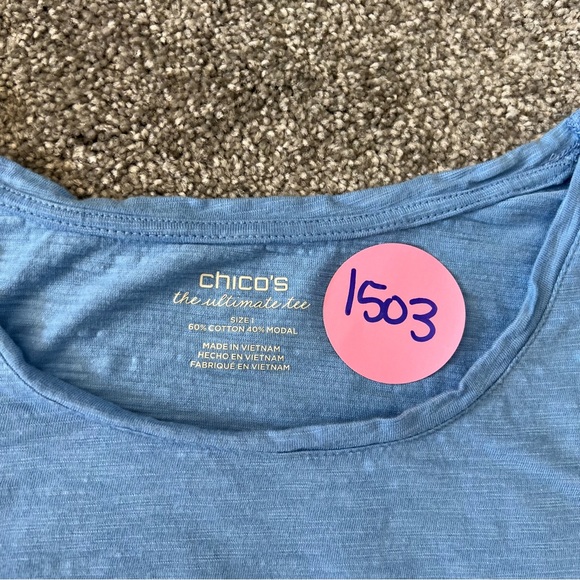 Chicos blouse womens medium 1 bule 3/4 sleeve scoop neck the ultimate tee casual - Picture 6 of 9